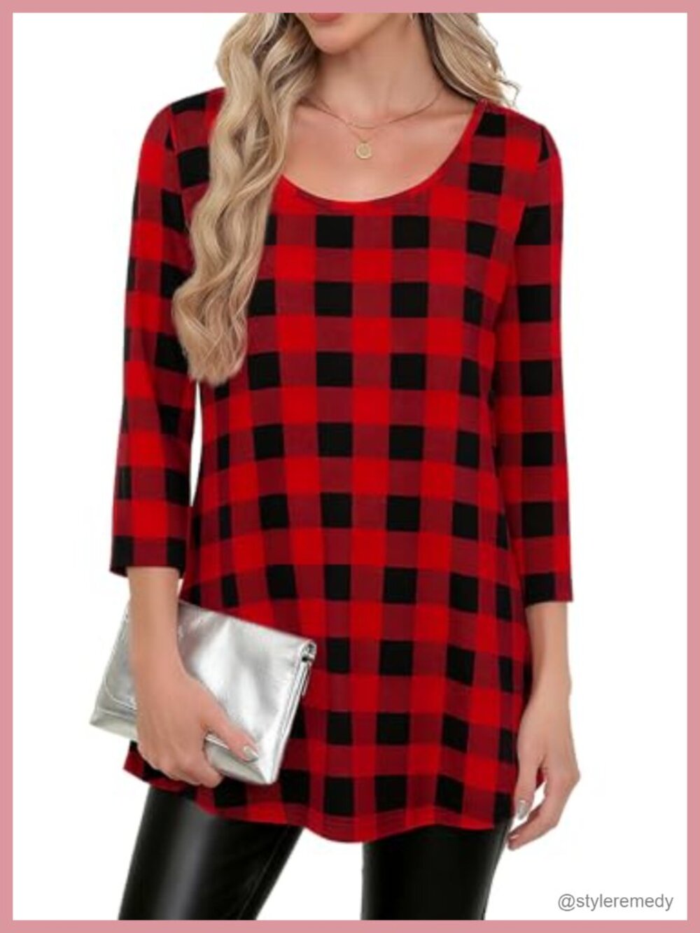 Womens 3/4 Sleeve Plaid Tunic Top Scoop Neck Loose Fit Casual Blouse